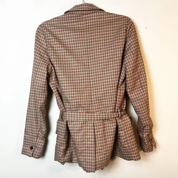 FRNCH Paris Plaid Blazer Jacket Tan Red Black Belted Women’s M - Picture 5 of 12
